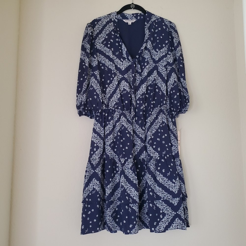 Nanette Lepore Dress Womens 12 Navy Blue White Printed Crepe Tiered Tie Neck NEW